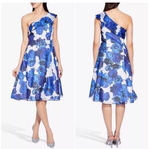 Adrianna Papell One Shoulder Blue and White Floral Dress